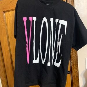 VLONE Black Tee with Pink and White Logo
